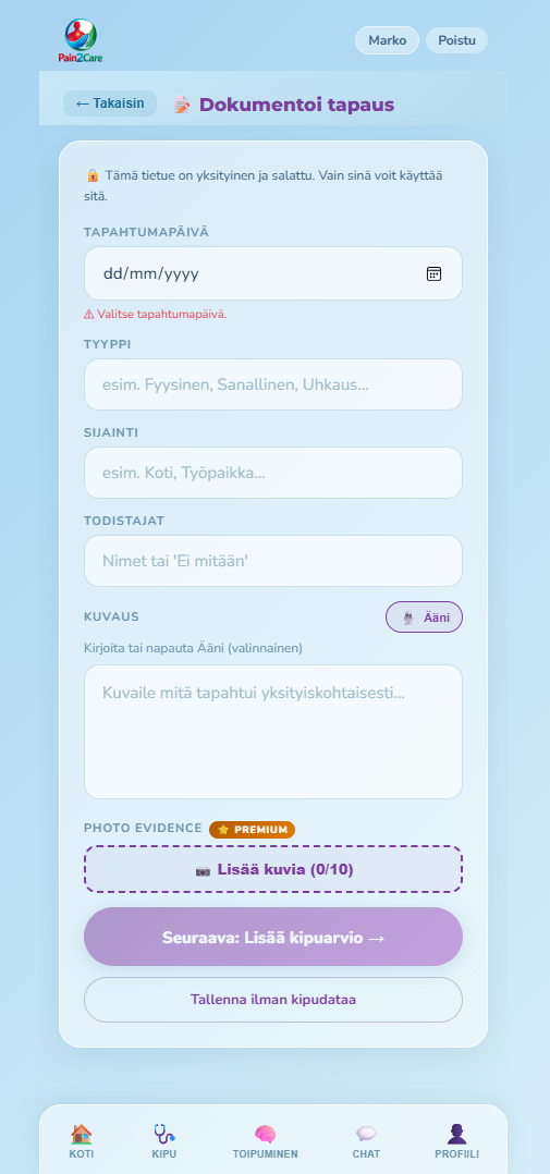 Tapaturmakirjaus lomake